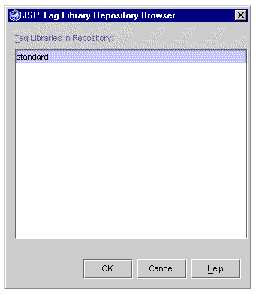 JSP Tag Library Browser dialog box showing the standard library. Buttons are OK, Cancel, and Help.