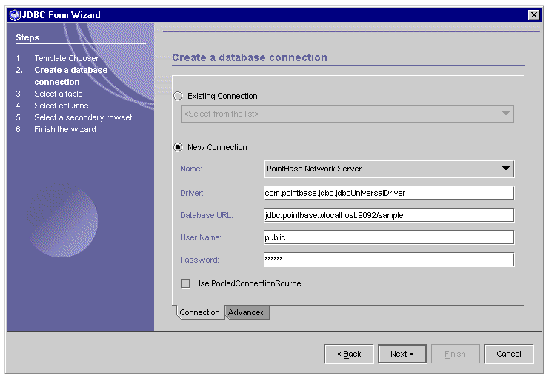 Screen shot showing second panel of JDBC Form Wizard.
