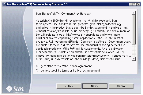 This screenshot shows the Common Array Manager License Agreement Screen. 