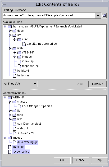 Dialog showing directory tree of Hello2 application's contents.