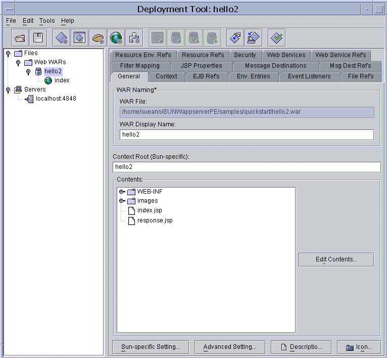 View of deploytool with hello2 application selected.