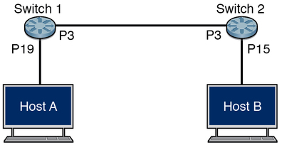 image:Figure showing switch 1 and 2 connection host A and B through ports 19, 3, and 15.