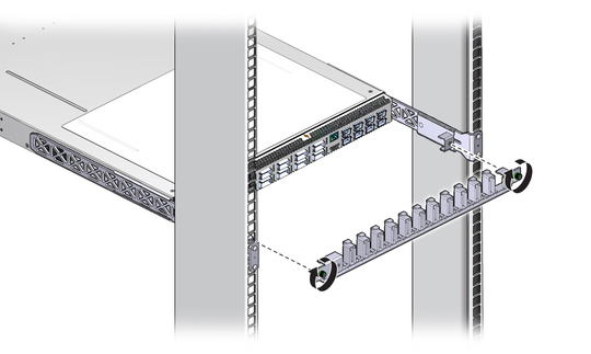 image:Figure shows the cable management bracket being installed to the switch