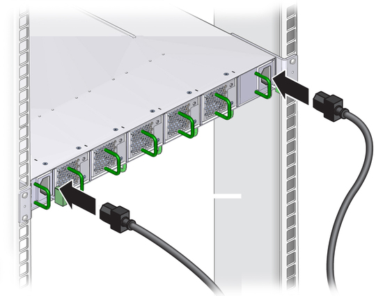 image:Figure shows the power cords being attached to the power supplies
