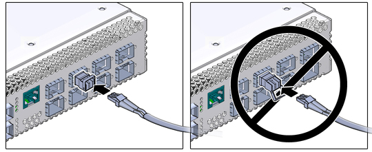 image:Figure shows how to connect an active dual-part fiber SFP+ Ethernet cable to the module