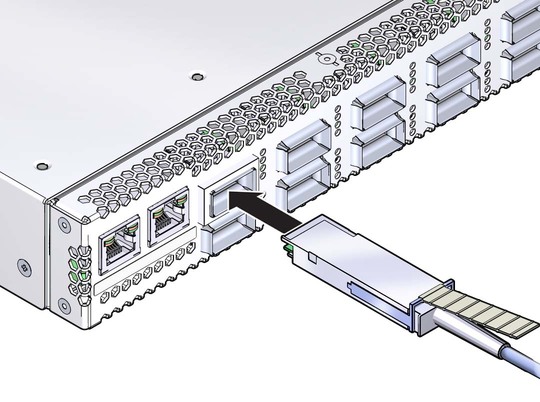 image:Figure shows a QSFP single-assembly cable being installed