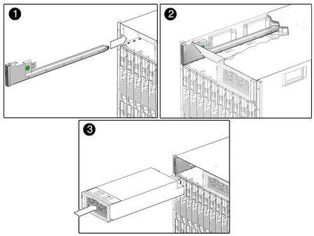 image:Figure shows FIM and power supply sliding into chassis.