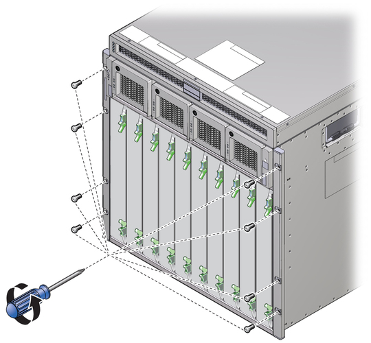 image:Figure showing removal of the screws from the front of the chassis.