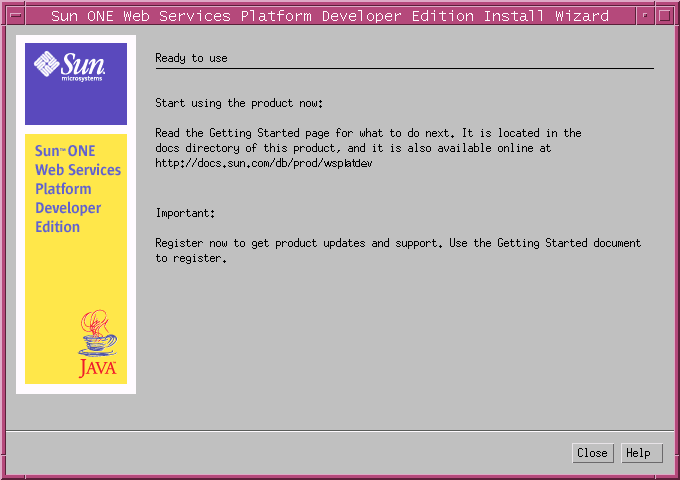 This screen capture shows the Ready to Use page where you are pointed to the 'Getting Started' page to register your software and obtain product updates and support.
