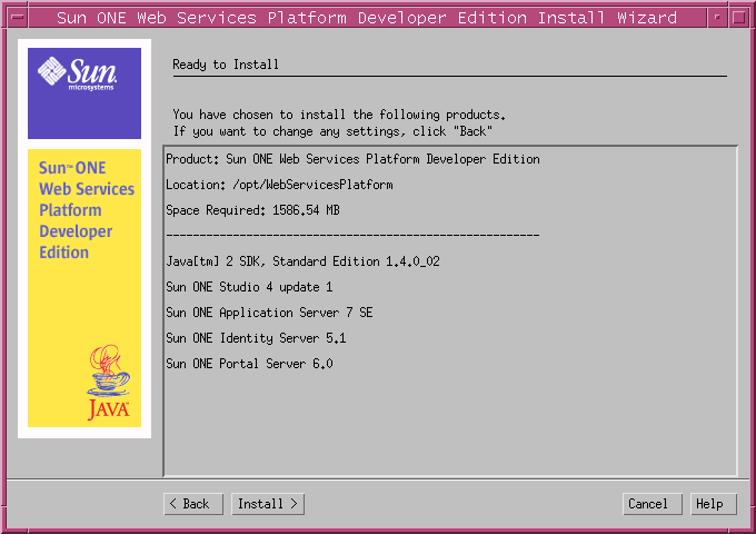 This screen capture shows the Ready to Install page that lists the directory location, required disk space, and the products that will be installed.
