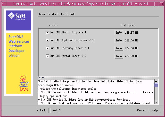 This screen capture shows the Choose Products to Install page with available products, the size of each, and an Info button for a brief description of each product.
