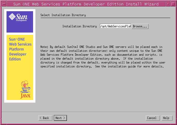 This screen capture shows the Select Installation directory page for selecting the directory where you want to install the Sun ONE Web Services Platform Developer Edition software.
