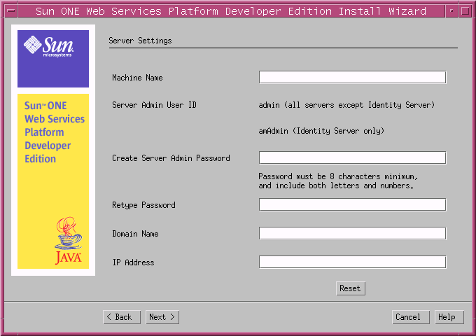 This screen capture shows the Server Settings page with fields in which you enter the machine name, the server admin password, a confirmation of the password, the domain name, and the IP address.
