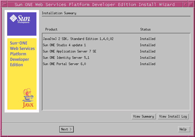 This screen capture shows the Installation Summary page where you can View Summary or View Install Log.
