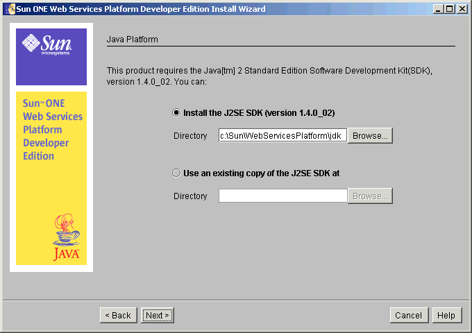 This screen capture shows the Java Platform page where you can choose either to  use an existing copy of the J2SE SDK (version 1.4.0_02), or you can install a copy.

