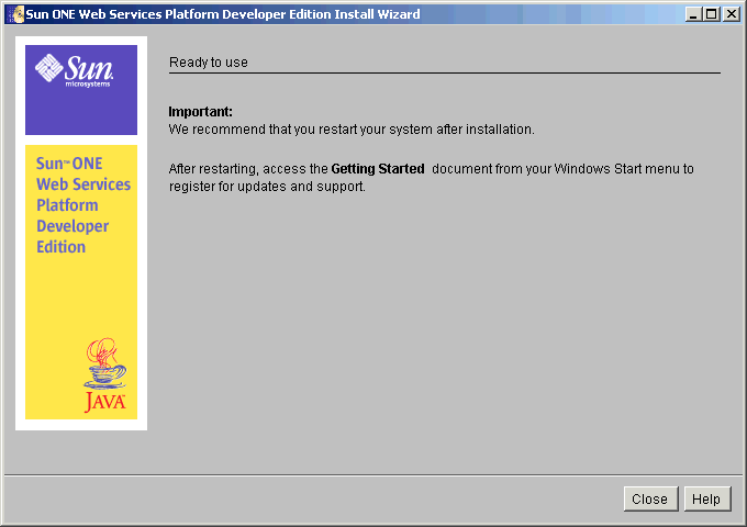 This screen capture shows the Ready to Use page where you are pointed to the 'Getting Started' documentation to register your software for updates and support.
