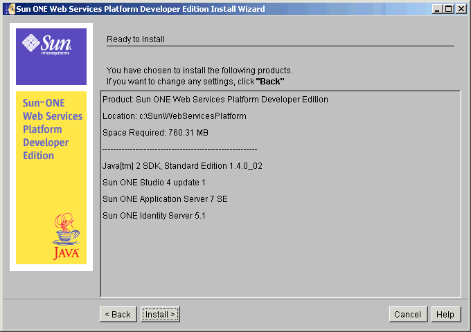 This screen capture shows the Ready to Install page that lists the directory location, required disk space, and the products that will be installed.
