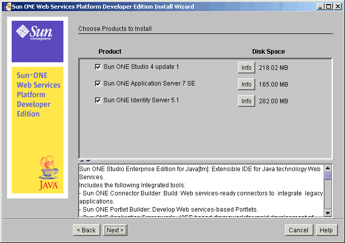 This screen capture shows the Choose Products to Install page with available products, the size of each, and an Info button for a small description of each product.
