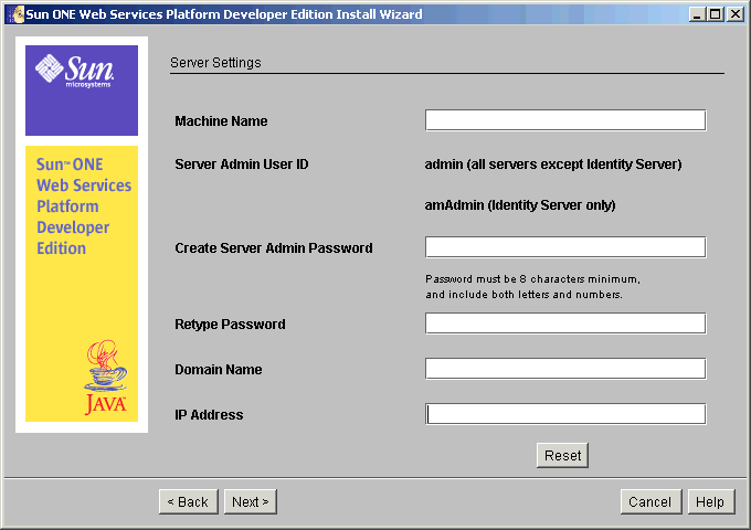 This screen capture shows the Server Settings page with fields in which you enter the machine name, the server admin password, a confirmation of the password, the domain name, and the IP address.

