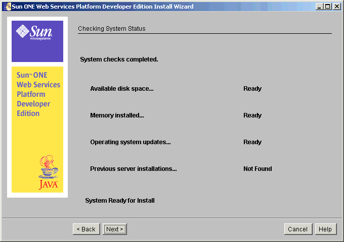 This screen capture shows the Checking System Status page that verifies available disk space, installed memory, operating system updates, and previous server installations.
