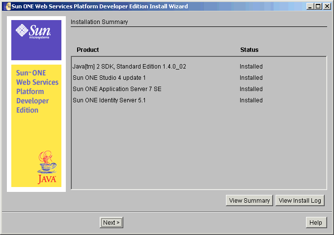 This screen capture shows the Installation Summary page where you can View Summary or View Install Log.
