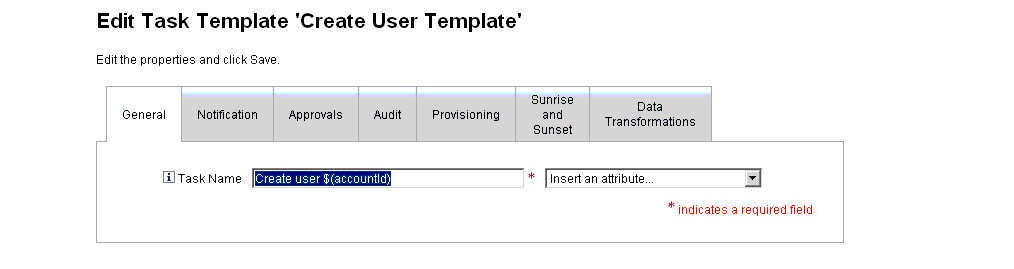 General tab for the Create User Template.