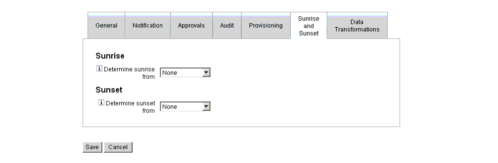 Configuring the Sunrise and Sunset tab.