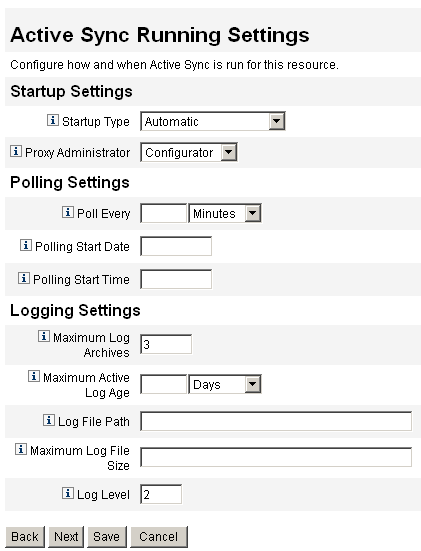 Set polling, logging, and startup options on the Active Sync Running Settings page.