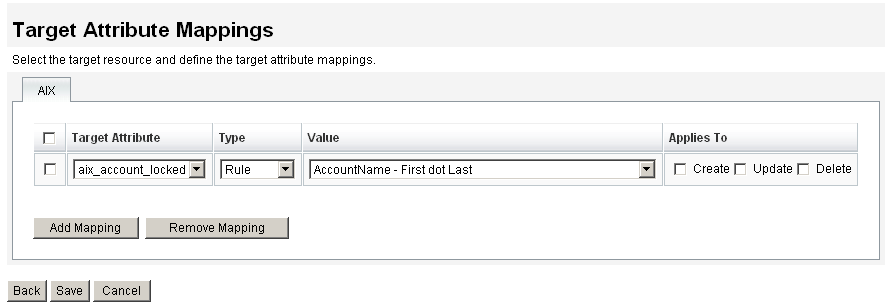 Use the Target Attribute Mappings page to define target attribute mappings for each target resource.