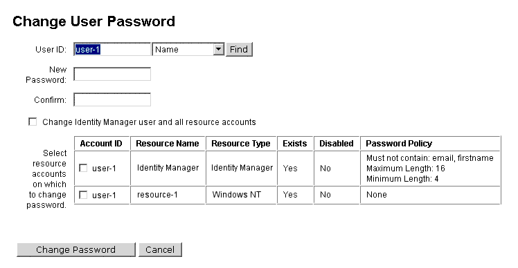 You can change passwords for the user and all resource accounts.