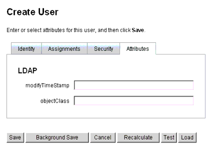 The Create User - Attributes form lets you define account attributes associated with assigned resources.