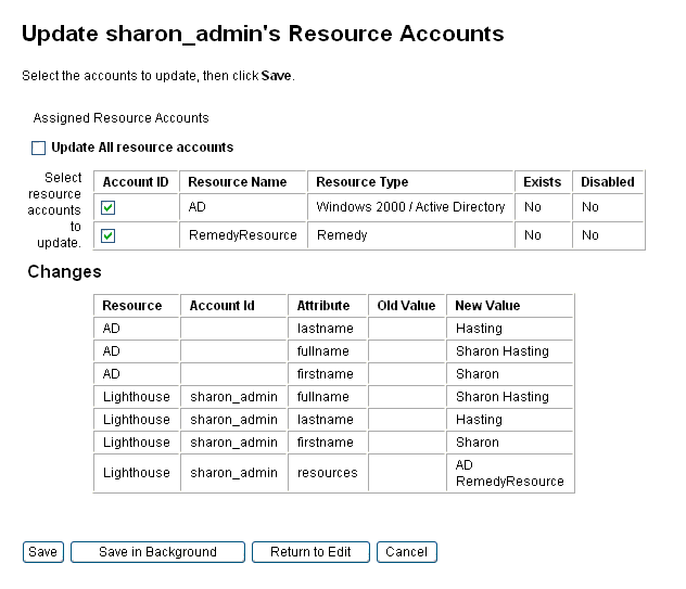 The Update Resource Accounts page shows assigned resource accounts and changes that will apply to the account.