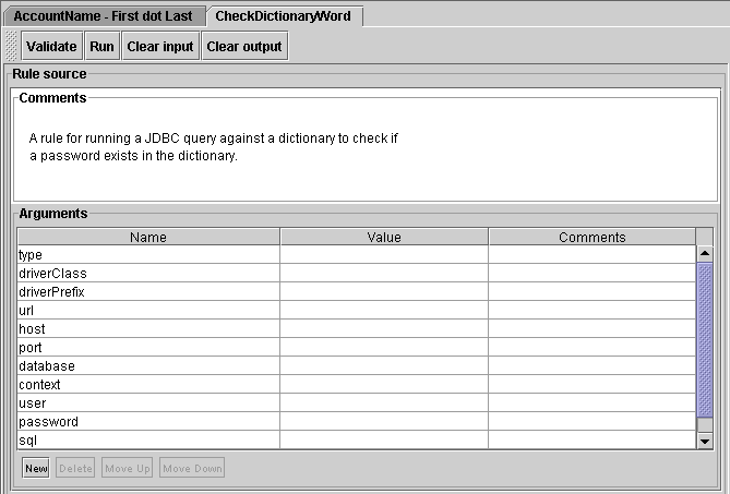 Configuration table with comments and arguments