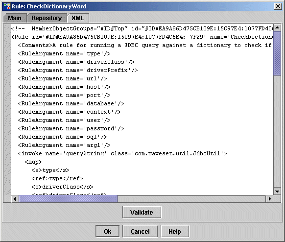 XML tab of an element