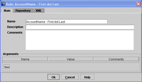 Main tab of Rule dialog