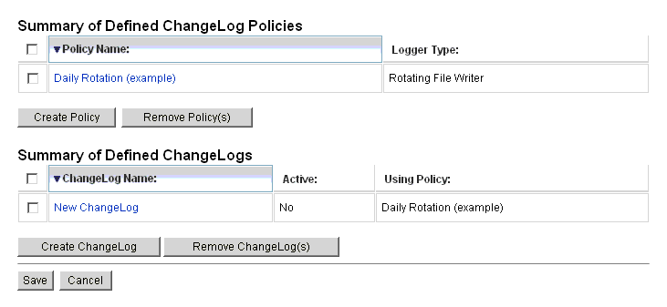 변경 로그 구성 페이지에서 변경 로그 및 변경 로그 정책을 구성할 수 있습니다.
