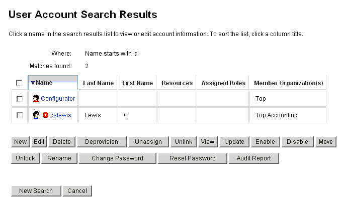 在“用户帐户搜索结果”页中单击某个名称来查看或编辑帐户信息。
