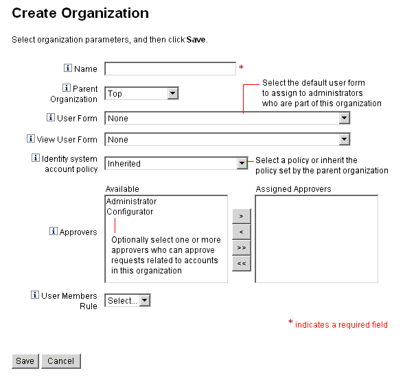 使用 [建立組織] 頁面來設定 Identity Manager 組織。