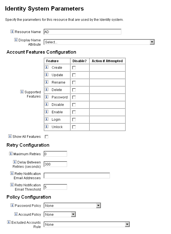 使用 [Identity Manager 參數] 頁設定重試和策略配置，以及 ActiveSync 配置。