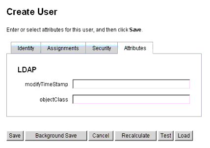 [Create User － Attributes] 表單使您可以定義與已指定資源關聯的帳號屬性。