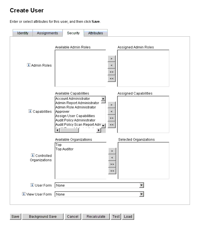 [建立使用者 － 安全性] 表單會為使用者建立擴充的管理權能。