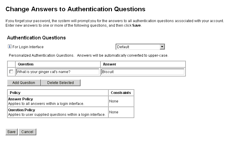 [Change Answers to Authentication Questions] 頁面可讓您增加和變更認證問題和回答。