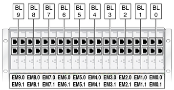 image:Figure shows PCI-EM slots: EM0.0 at top right, EM0.1 at bottom right for blade 0. EM 1.0 and EM1.1 are next on the left for blade 1.