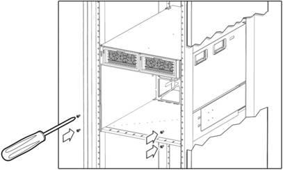 image:Figure showing the installation of screws to secure the front of the chassis to the rack.