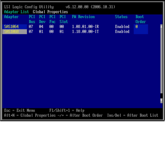 image:Screen shot of the LSI Corp Config Utility Menu