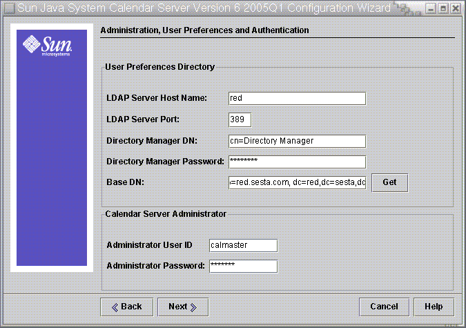 Calendar Server Configuration Program Administration, User Preferences and Authentication Panel