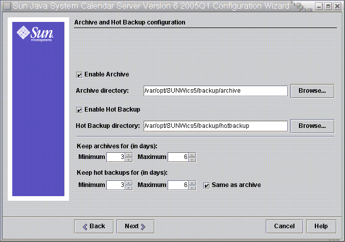 This graphic shows the configuration options for Archival and Hotbackups. The panel elements are explained below the graphic.