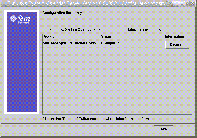 Calendar Server Configuration Program Summary Panel