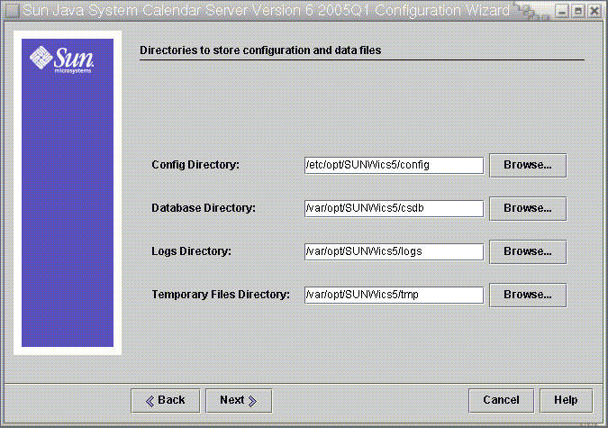 Calendar Server Configuration Program  Database, Logs, and Temporary Files Directories Panel