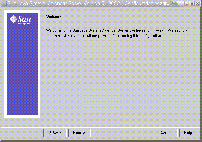 Calendar Server Configuration Program Welcome Panel